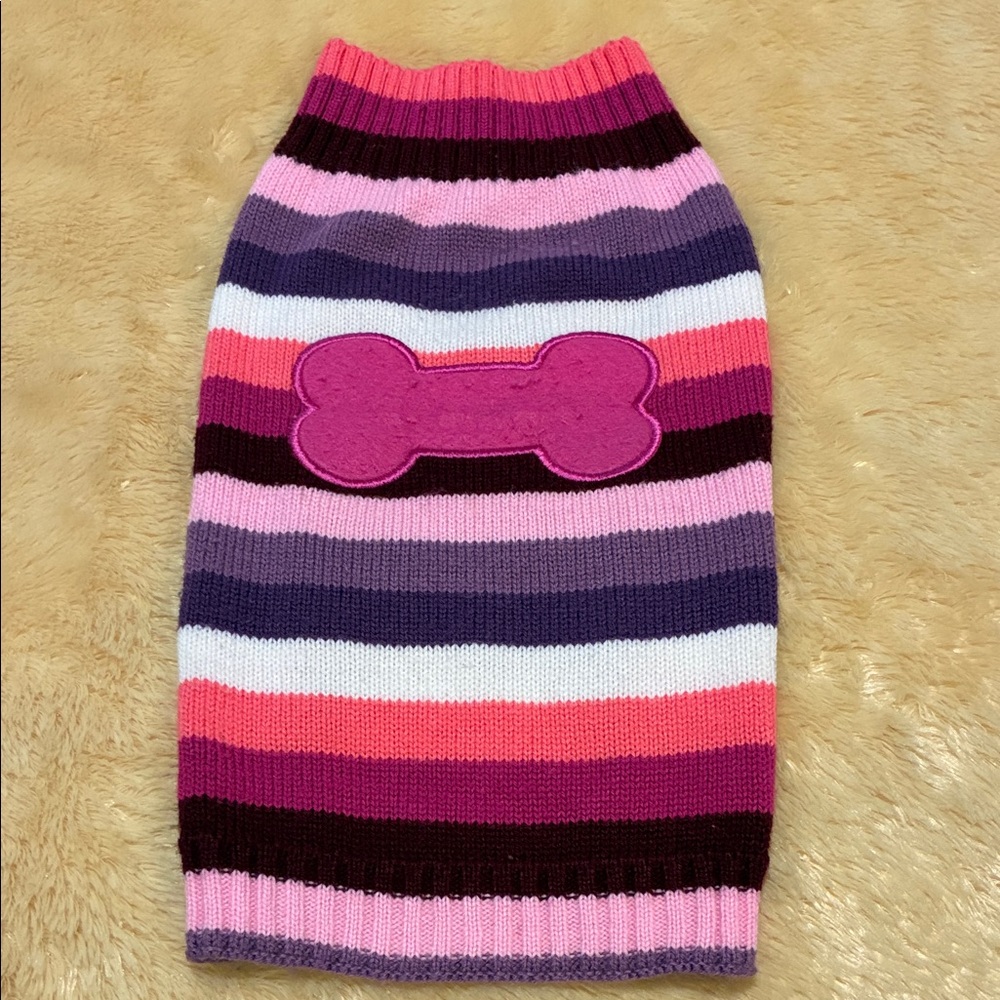 Striped Pink & Purple Acrylic Dog Sweater with Bone Patch Size M